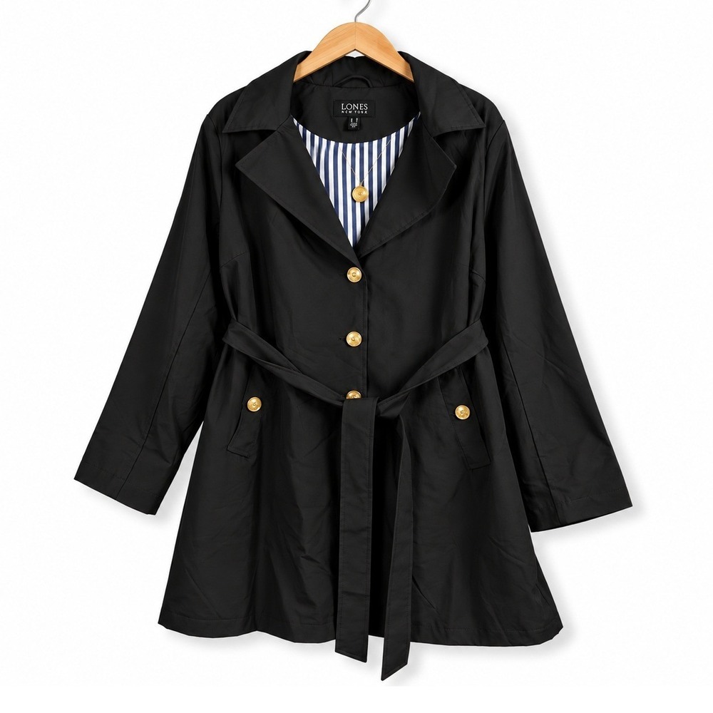 Dennis Basso Jacket Large Petite Black Water Resistant Trench Coat Hood A679224